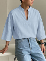 Men's Vintage Harajuku Minimalist Deep V-Neck Mandarin Collar Puff Sleeve Shirt SKUL70241