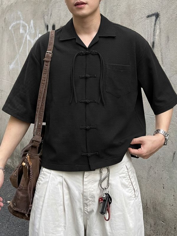 Men's Chinese Style Textured Frog Button Half Sleeve Shirt SKUL55386