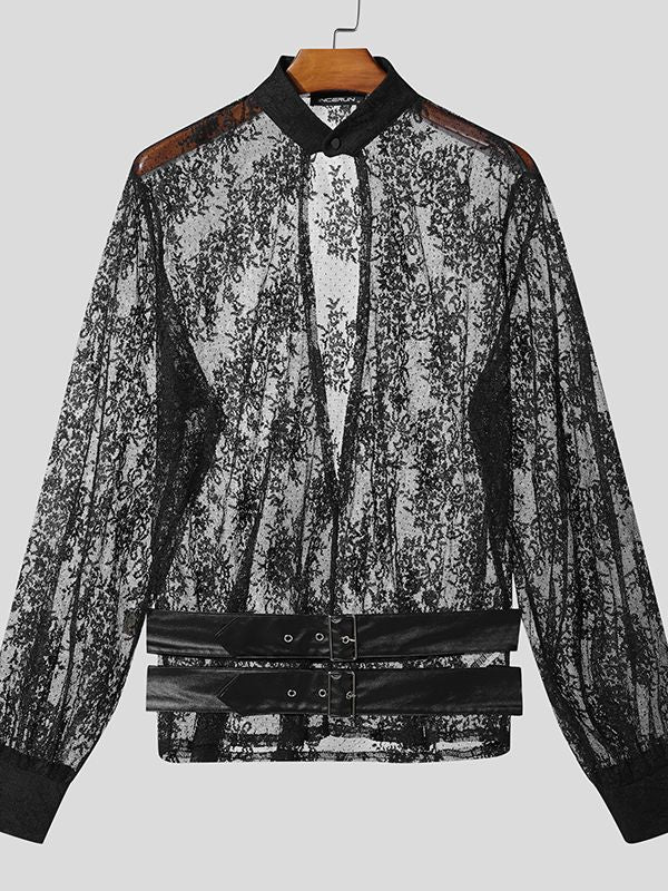 Men's Leather Strap Sheer Lace Long Sleeve Shirt SKUL47892