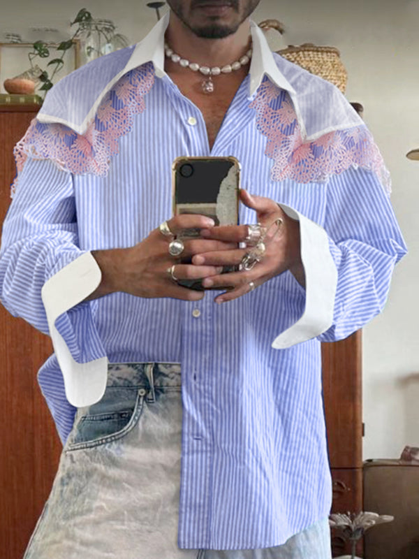 Men's Lace Trim Patchwork Striped Long Sleeve Shirt SKUL22820