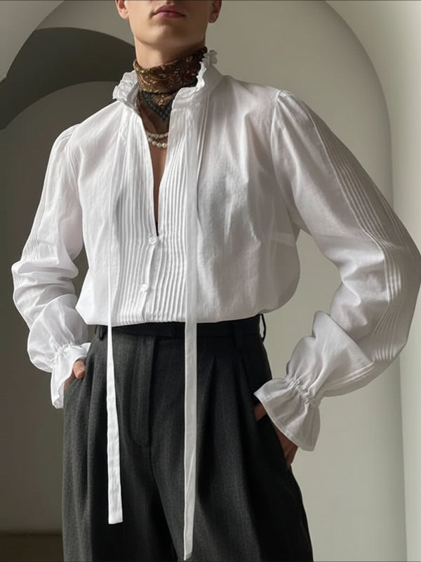 Men's Solid Color Ribbon Pleated Ruffle Long Sleeve Shirt SKUL43737