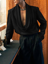 Men's Solid Color Cowl Neck Long Sleeve Shirt SKUL47944