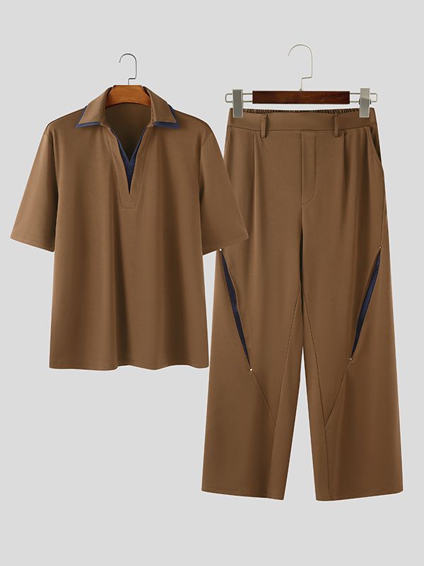 Men's Faux Two Piece Contrast Turn Down Collar Two Pieces Outfit SKUL51066