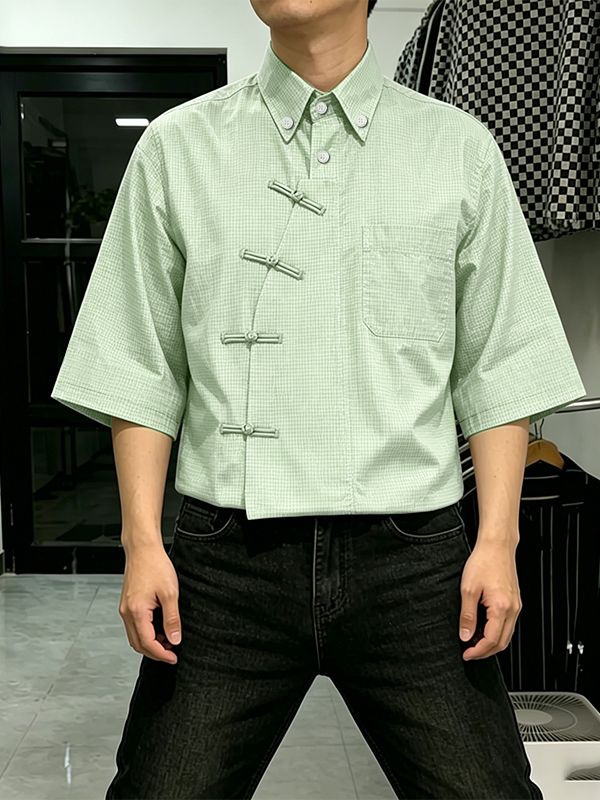 Men's New Chinese Style Gingham Frog Button Short Sleeve Shirt SKUL58785