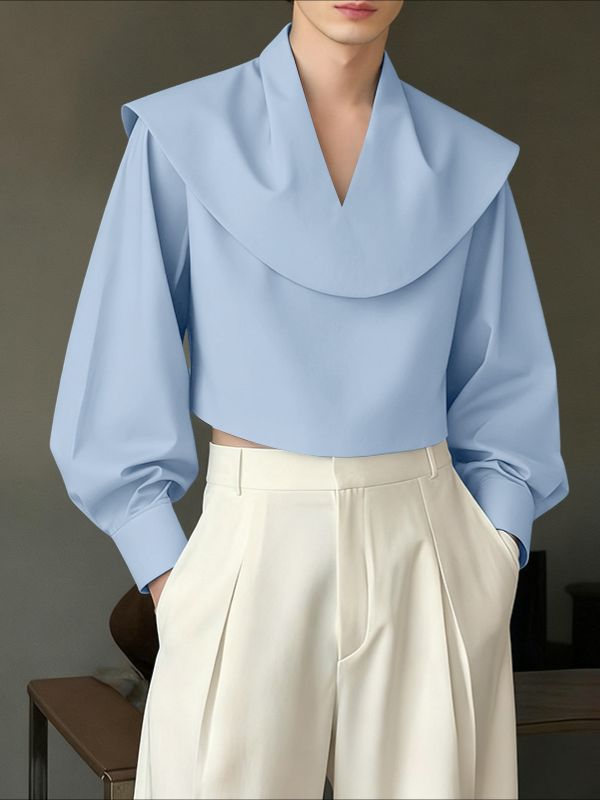 Men's Solid Color Draped Neck Gigot Sleeve Shirt SKUL45322