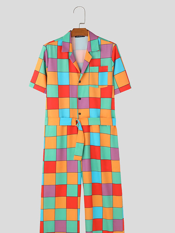 Mens Colorful Color Block Short Sleeve Jumpsuit SKUK61912