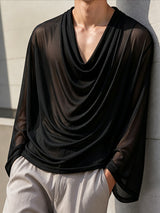 Men's Early Autumn Stage Classical Waterfall Pleat Slouchy Drop Shoulder Long Sleeve Plunging V-Neck T-shirt SKUL82470