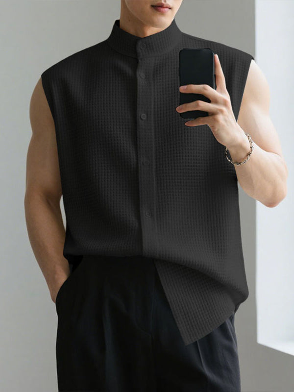 Men's Solid Color Waffle Knit Sleeveless Shirt SKUL22602