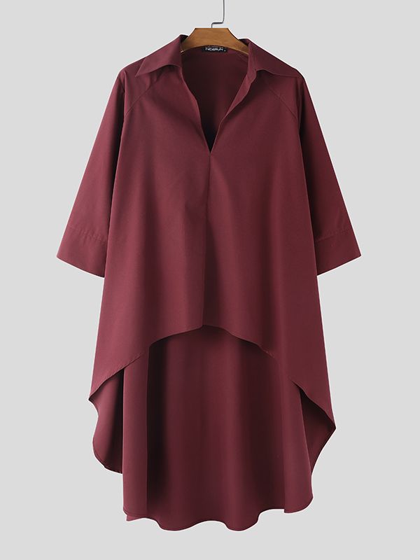 Men's Solid Color Long Hem Deep V Neck Long Sleeve Shirt SKUL50053