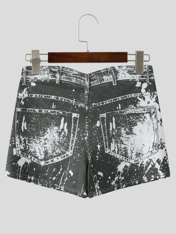 Men's Faux Denim Splatter Print High-Waisted Booty Short SKUL75678