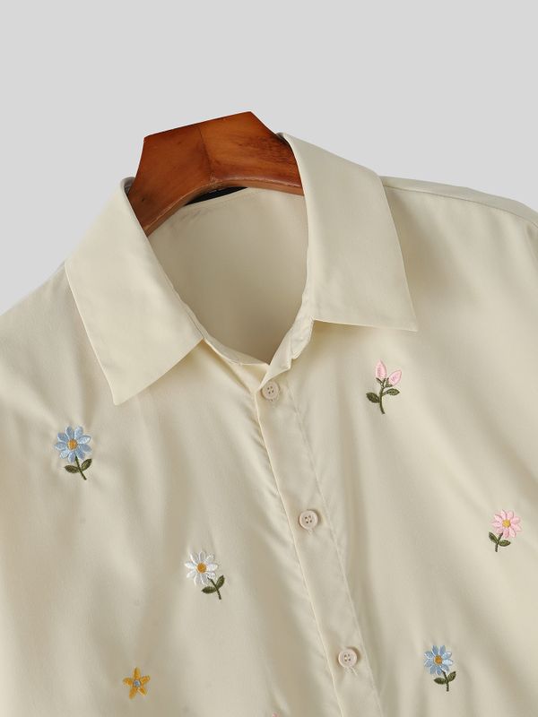 Men's Casual Vintage Delicate Floral Print Cuban Collar Short Sleeve Shirt