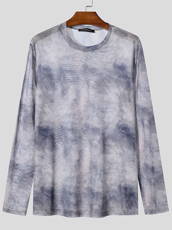 Mens Tie-Dye Mesh Fitted Long-Sleeve T-Shirt SKUK93683