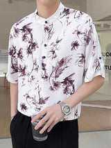 Mens Floral Print Stand Collar Half Sleeve Shirt SKUK63610