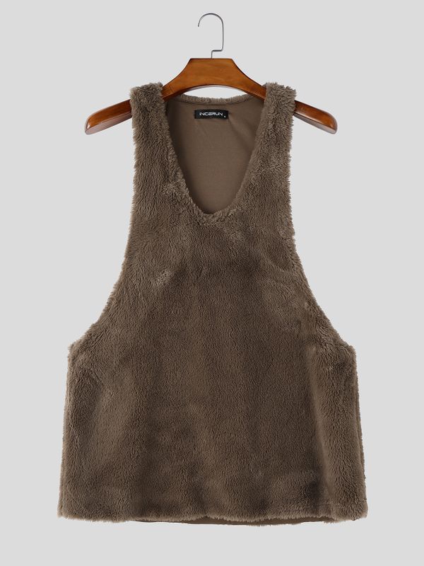 Men's Cozy Plush Fleece Deep V-Neck Dropped Armhole Tank SKUL77422