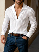 Men's Sheer Mesh Striped V Neck Long Sleeve Shirt SKUL53963