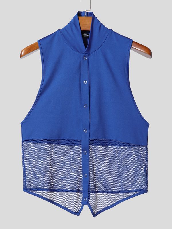 Men's Avant-Garde Mid-Section Mesh Deep V-Neck Pointed Hem Tank SKUL54093
