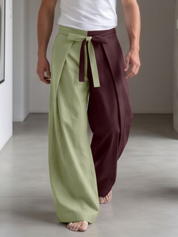 Men's High-Fashion Yin-Yang Color-Block Pleated High-Waisted Wrapped Tie-Belt Pant SKUL73702