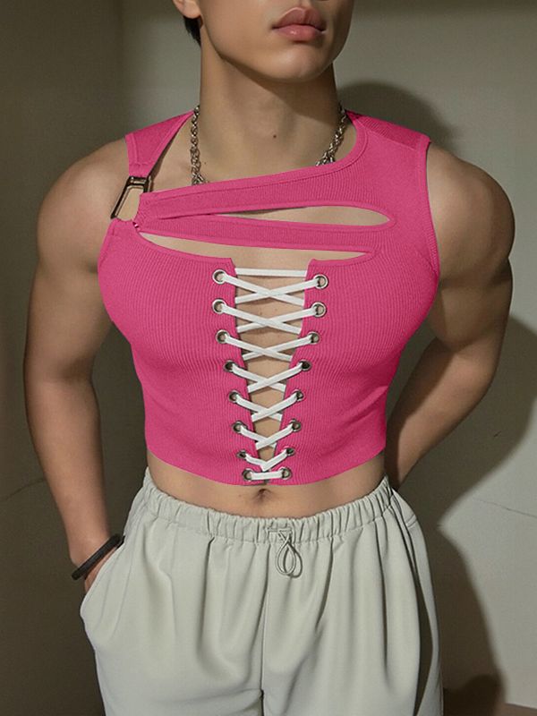 Men's Drawstring Design Hollow Cropped Knit Tank SKUL48604
