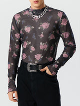 Mens Floral Print Mesh Long Sleeve T-Shirt SKUK27752