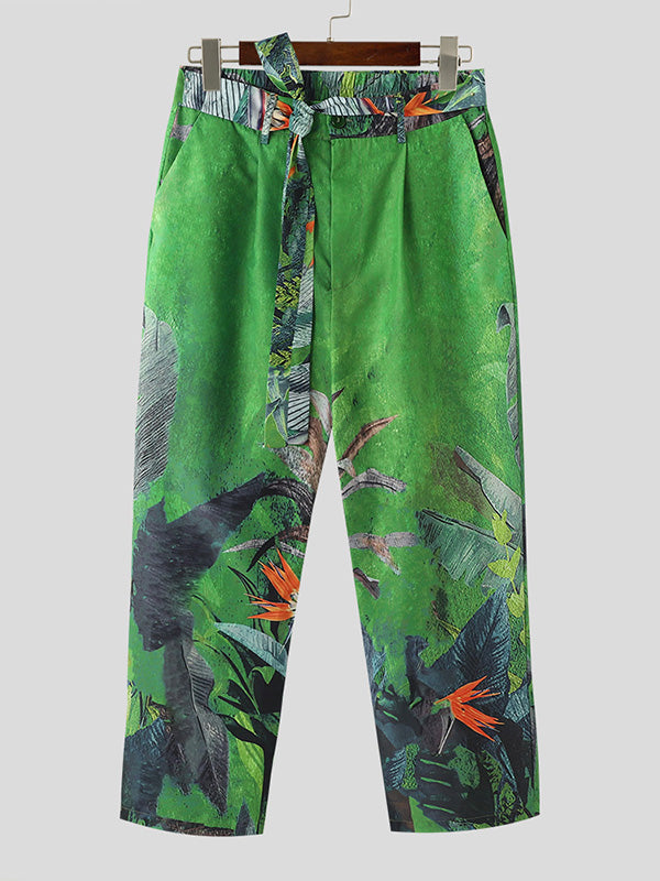 Mens Plants Print Waist Lacing Casual Pants SKUK58271