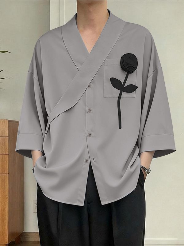 Men's 3D Long-Stem Rose Patch Overlap Shirt SKUL61944