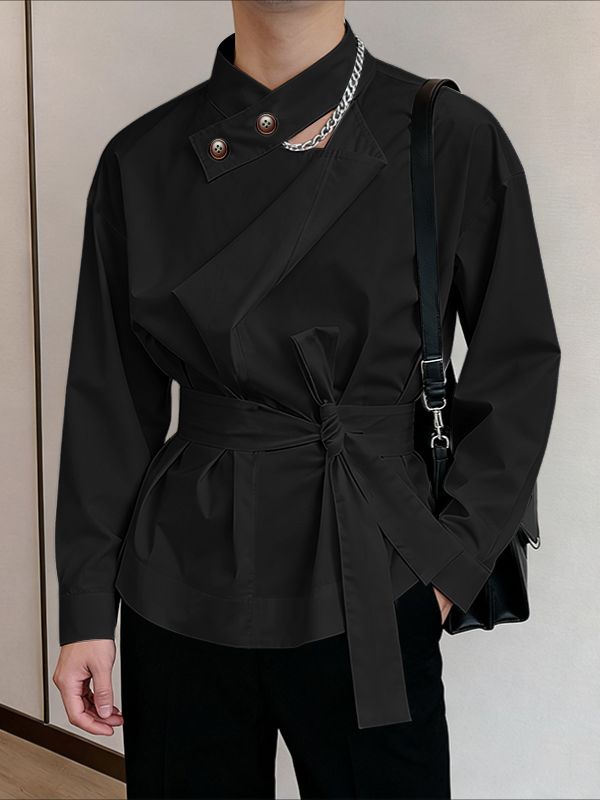 Men's Solid Color Lace Up Long Sleeve Shirt SKUL46165