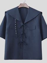 Men's Solid Color Tie Design Sailor Collar Half Sleeve Shirt SKUL51816