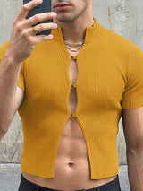 Men's Ribbed Slim Fit Mock Neck Cut Out Button Up Cropped T-shirt SKUL56542