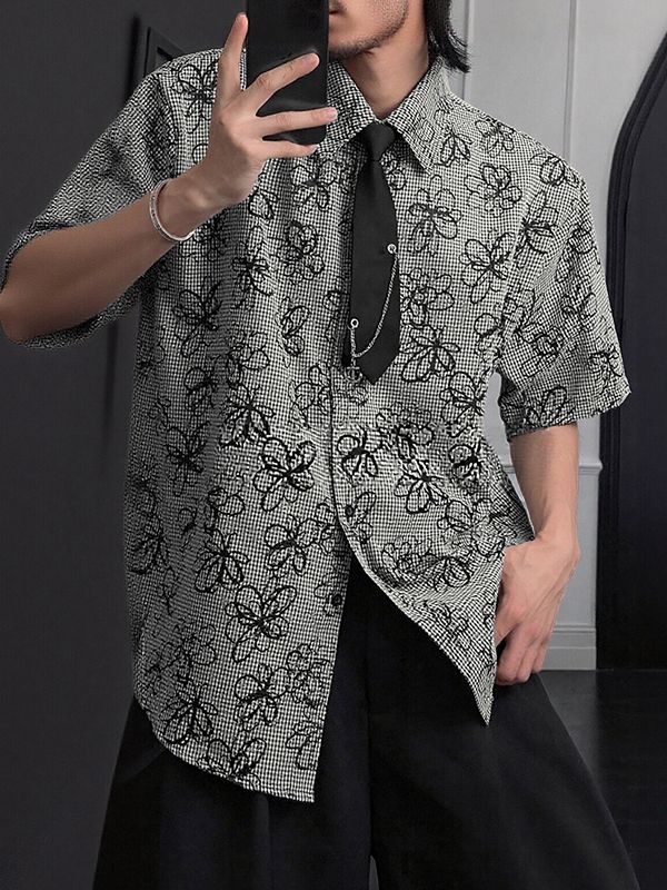 Men's Floral Print Plaid Short Sleeve Shirt SKUL51064