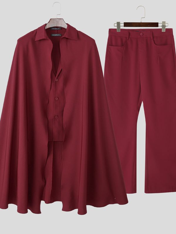 Men's Cape Patchwork Solid Color Two Pieces Outfit SKUL36485