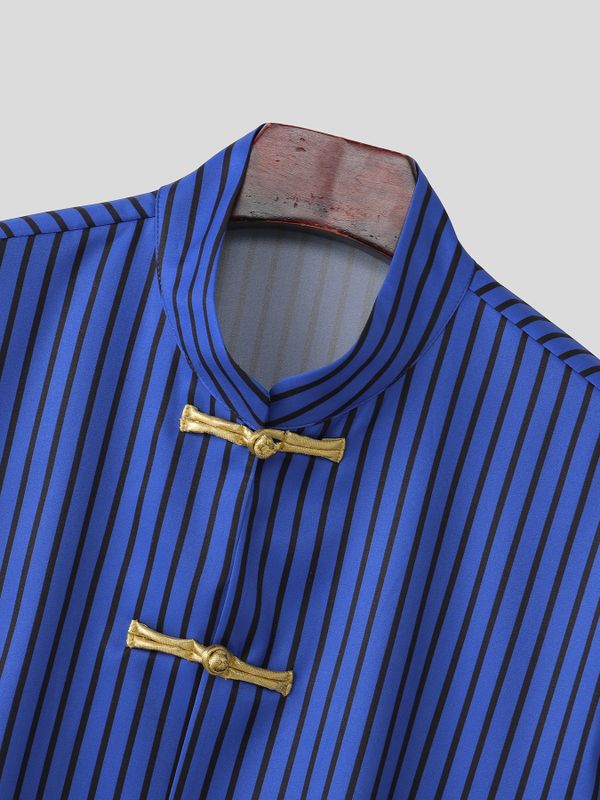 Men's Vintage Casual Vertical Striped Frog Button Stand Collar Two Pieces Outfit SKUL62046
