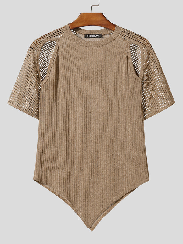 Men's Grid Mesh Patchwork Knit Short Sleeve T-Shirt SKUL22773