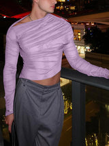 Mens Sheer Ruched Cropped Long Sleeve T-Shirt SKUK97836