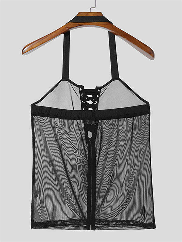 Mens Sheer Mesh Drawstring Halter Tank SKUL11515