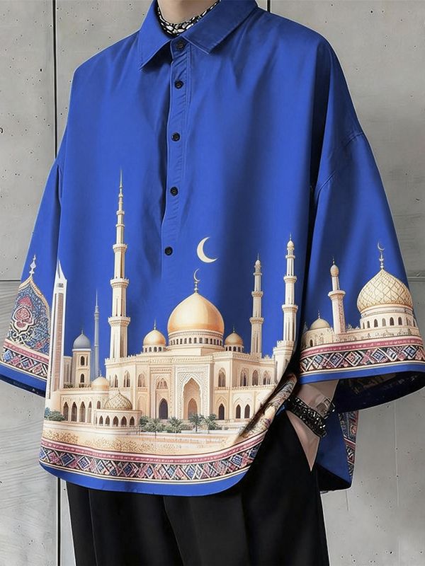 Men's Vintage Avant-Garde Castle Architecture & Crescent Moon Print Short Sleeve Shirt SKUL61998