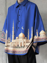 Men's Vintage Avant-Garde Castle Architecture & Crescent Moon Print Short Sleeve Shirt SKUL61998