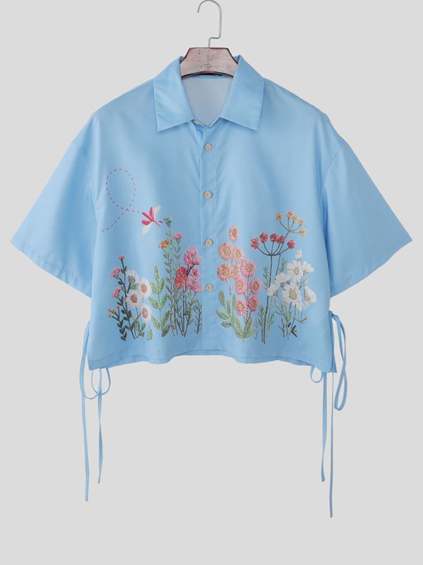 Men's Floral Faux Embroidery Print Side-Tie Ribbon Details Short Sleeve Shirt SKUL52628