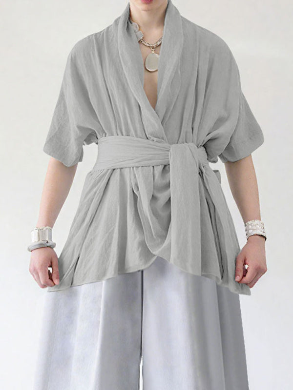 Men's Asymmetrical Placket Tie Short Sleeve Cardigan SKUL24951