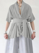 Men's Asymmetrical Placket Tie Short Sleeve Cardigan SKUL24951