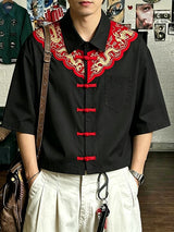 Men's Modern Chinoiserie Dragon Embroidery Frog Button Cuban Collar Short Sleeve Shirt SKUL56078