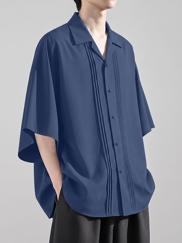 Men's Vintage Cuban Collar Pleated Front Short Sleeve Shirt SKUL71300