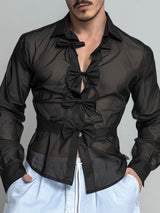 Men's Bow Patchwork Sheer Long Sleeve Shirt SKUL25105