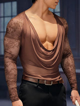 Men's Avant-Garde Draped Cowl Neck Floral Lace Sleeve Mesh T-shirt SKUL52648