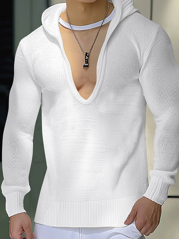 Mens Solid Color U-Neck Long Sleeve Hoodie SKUK76321