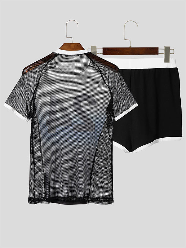Mens Number Print Sheer Mesh Patchwork Two Pieces Outfit SKUL16675