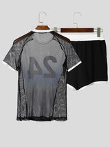 Mens Number Print Sheer Mesh Patchwork Two Pieces Outfit SKUL16675