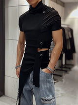 Mens Deconstructed Solid Metal Button T-Shirt SKUK72542