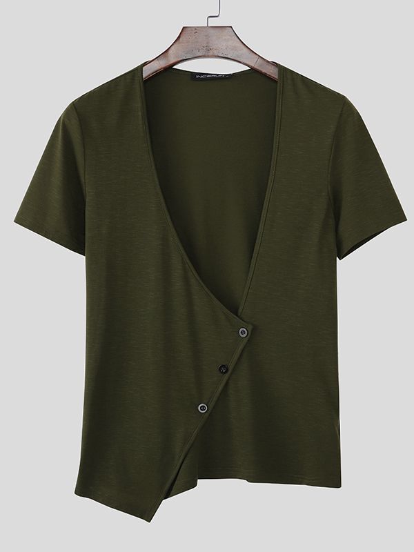 Men's Asymmetrical Placket Design Button Long Sleeve T-shirt SKUL50511