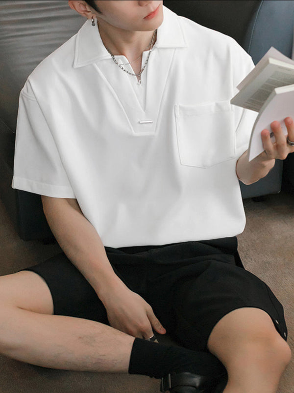 Men's Solid Color Casual V Neck Short Sleeve Shirt SKUL38085