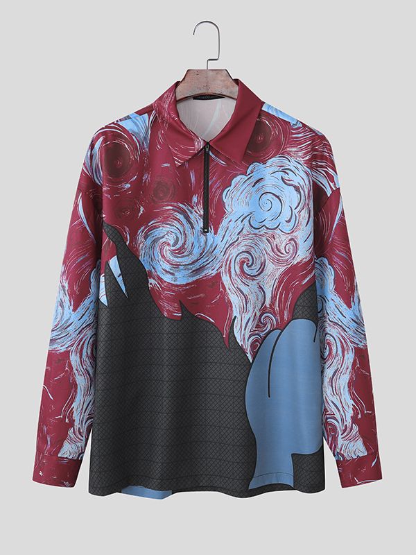 Men's Oil Painting Print Design Long Sleeve Shirt SKUL38589